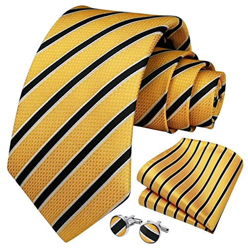 Image of HISDERN Mens Ties Set Stripe Plaid Ties for Men and Pocket Square Cufflinks Formal Silk Necktie Wedding Business