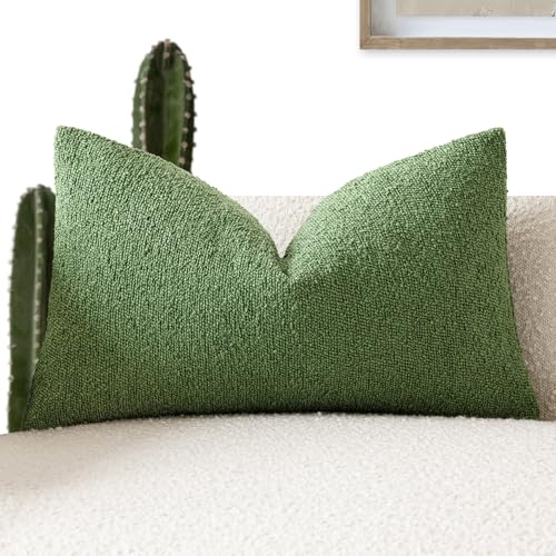Image of Foindtower Decorative Textured Boucle Throw Pillow Covers Accent Solid Lumbar Pillow Cases Neutral Soft Cozy Couch Cushion Case for Chair Sofa Bed Living Room Home Decor 12x20 Inch,1PC,Forest Green