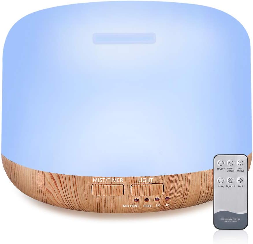 Essential Oil Diffuser with Remote, 300ml Aromatherapy Diffusers for Essential Oils Humidifiers with Adjustable Mist Mode, Auto Shut-Off and 7 Color LED Lights for Home Office Bedroom Baby