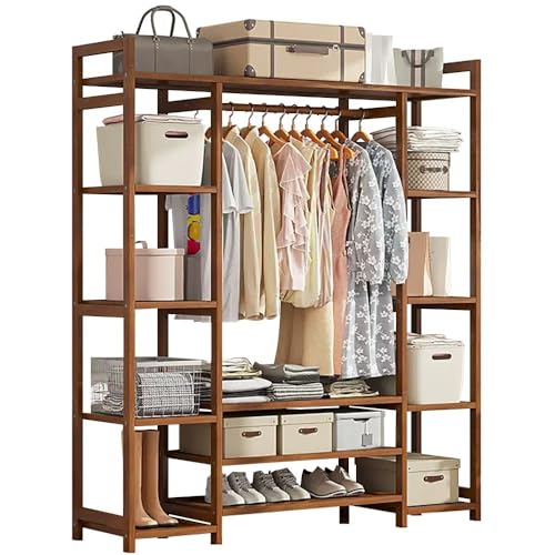 Bamboo Clothes Rail, Freestanding Coat Garment Rack with Hanging Rod, 2 Shelves and Hooks, Open Wardrobe Clothing Hanger Storage Organiser for Bedroom Hallway