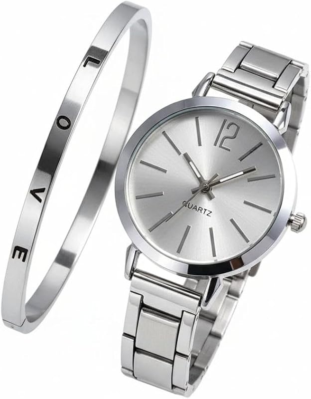 1pc Round Pointer Quartz Watch & 1pc Bracelet