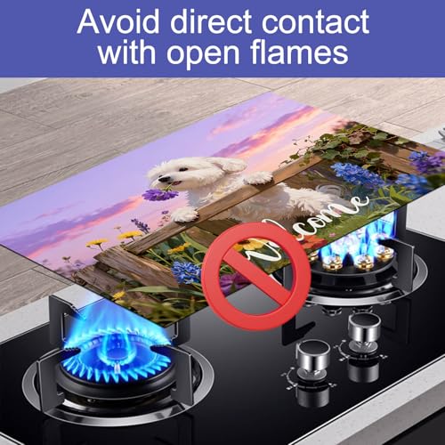 Image of HOMETITUTE Spring Stove Top Covers for Electric Stove 28x20 Inches Puppy Flower Garden Sunset Heat Resistant Glass Cooktop Protector Pad Decorative Stovetop Cover Dish Drying Mats for Kitchen Decor