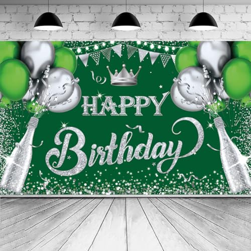 6x3.6ft Happy Birthday Backdrop Banner,Green Silver Birthday Backdrop Sign, Happy Birthday Banner, Birthday Party Supplies Photo Background for Children Men Women.
