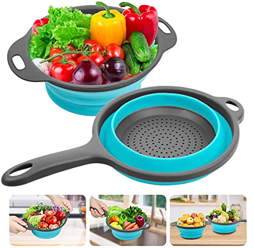 Lot de 2 passoires pliantes avec poignée, panier de drainage en silicone, panier d'égouttage pour légumes, fruits, passoire de cuisine pliable pour égoutter les pâtes, les fruits, les légumes -bleu Cover