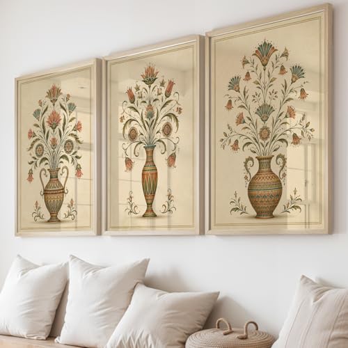 Image of NoWorries Floral Vase Wall Art Set of 3 Framed Prints | Indian Traditional Botanical Painting, Vintage Rajasthani Flower Pot Poster, Ethnic Royal Wall Decor for Living Room Bedroom Home (Synthetic Engineered Wooden Frame) (MIN -7, 10x13 inches)