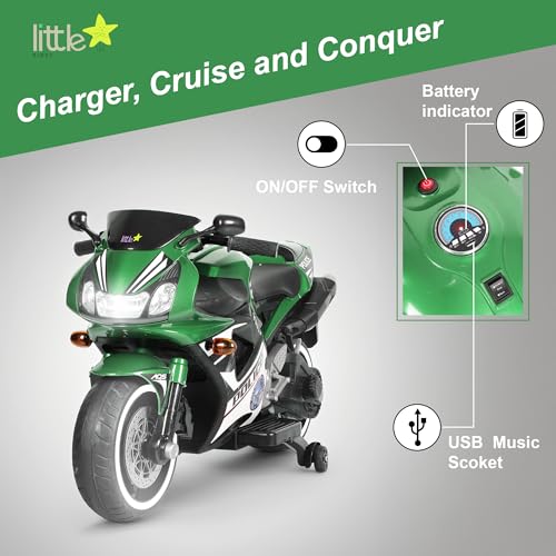 Image of Little Rides Battery Operated V10 Premium Bike for Kids |Boys| Girls- Golden Metallic | Electric Motorbike for Children 2 to 8 Years | Fun Riding Experience with Music | Safe & Durable (Green)