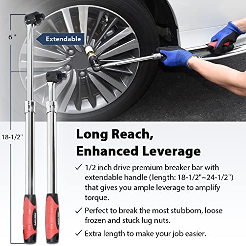 Image of FIRSTINFO Taiwan 1 /2 inch Drive Extendable Breaker Bar with Ratchet Adapter | 18-1 /2 inch to 24-1 /2 inch Length Extended Leverage with 230 Degrees Flexible Head, Premium CR-V, Heavy Duty, F32242D