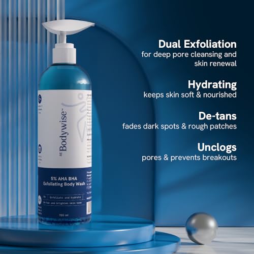 Image of Be Bodywise 5% AHA BHA Exfoliating Detan Body Wash 700ml | For Body Acne, Strawberry Skin, De-Tan | Infused with 3% Lactic Acid, 1% Salicylic Acid, 1% Glycolic Acid | Non-Drying, Paraben Free