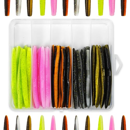 Senko Worms for Bass Fishing, 4.1'' Wacky Worms, Reaction Lure, 50PCS Soft Plastic Bait for Ned rig, Fishing Lure Kit for Freshwater Bass