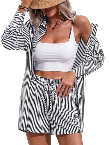 Women's 2 Piece Outfits Striped Button Down Long Sleeve Shirt and Drawstring Shorts Set Black XX-Large4
