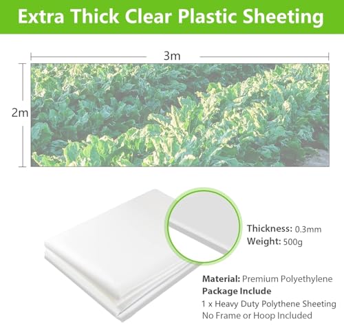 KAHEIGN 2 x 3m Polyethylenfolie Transparent Gewächshausfolie, Extra Dick Reißfest Gartenfolie aus Polyethylen, Klarsicht Folientunnel für Gartenarbeit Tomatenhaus Treibhaus Folie (250Mu / 1000G)