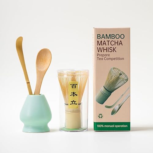 茶筅4点セット 抹茶茶道具セット（百本立茶筅立て、茶杓、茶さじ付き）日本抹茶用 お点前セット 茶道ツール 初心者でも簡単に使用可能