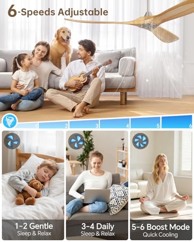 Image of Sofucor 60 Inch Smart Wood Ceiling Fan No Light, Alexa /App /Remote Control | Ceiling Fan without Light, Quiet Reversible DC Motor, 6 Speeds, Indoor /Outdoor /Bedroom /Living Room /Patio, Natural Wood