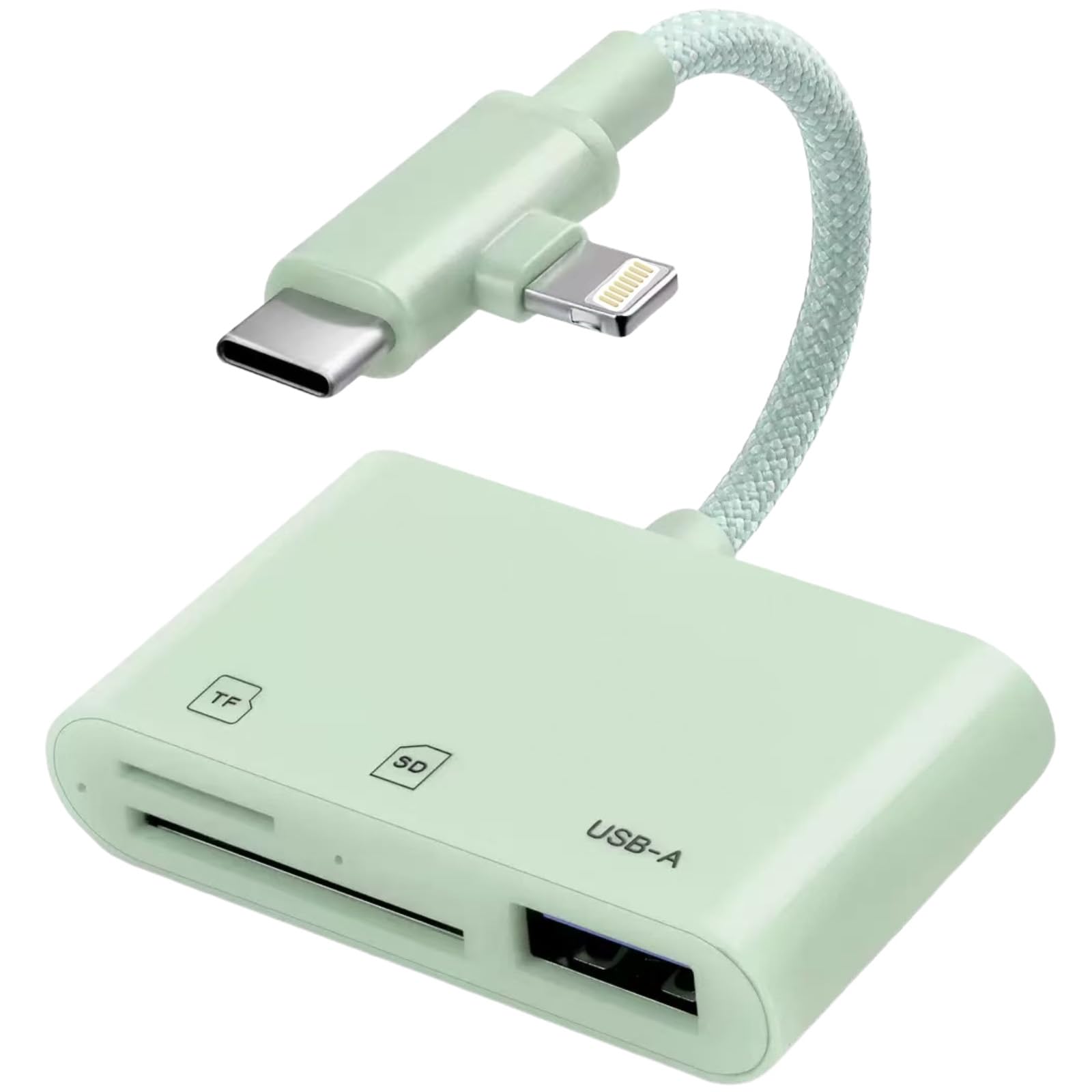 [apple mfi certified] sd card apple nylon braided reader for iphone ipad, usb 3.0 type c sd/tf card adapter with lightning & usb c dual connectors, sd microsd usb-a 3 slots trail memory (green)