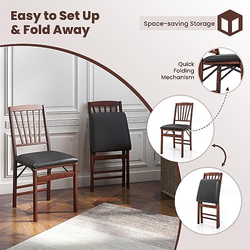 Image of COSTWAY Folding Dining Chairs Set of 4, Upholstered Wooden Dining Room Chairs with PVC Padded Seat, Solid Wood Frame and 400LBS Capacity for Kitchen Apartment (Black & Brown)