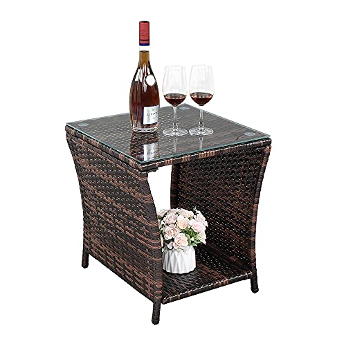 VINGLI Outdoor Wicker Side Table Patio Side Tables for Outside, Tempered Glass Top Wicker Table with Storage End Table for Balcony Porch Deck (Brown)