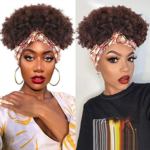 LEOSA Headband Wig,Short Afro Curly Wig for Black Women Synthetic Natural Black Afro Wig Drawstring Kinky Curly Full Turban Wig with Headband Attached Wrap Wigs for Black Women Afro Wig Wraps