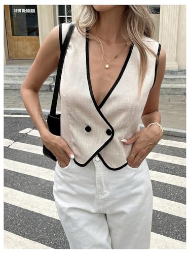 MakeMeChic Women's Contrast Binding Sleeveless Vest Button Down V Neck Work Office Blouses Top4