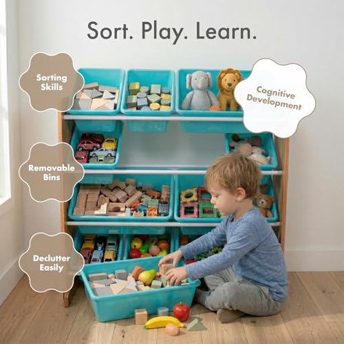 Image of Humble Crew Toy Storage Organizer with 12 Removable Storage Bins for Kids Playroom, 4-Tier Toddler Toy Organization, Natural Wood /Aqua