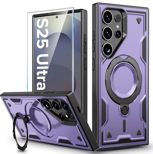 Image of for Samsung Galaxy S25 Ultra Case Magnetic with Stand, with Mag-Safe, with Screen Protector, Wireless Charging, Shockproof for Samsung S25 Ultra 5G Phone Case, Ring Holder Cover Purple