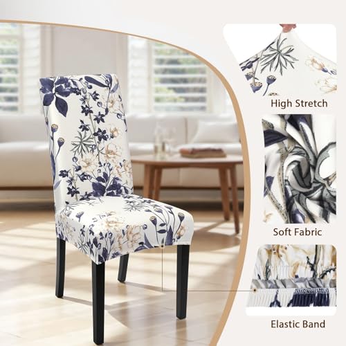 Image of SearchI Printed Dining Room Chair Covers Set of 4, Stretch Kitchen Chair Covers Washable Parsons Chair Slipcover Removable Dining Chair Protectors for Hotel,Ceremony(Blue Flowers)