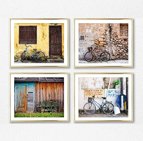 Bicycle with Textured Walls Photographic Prints, Set of 4, Unframed, Cycling Bike Textured