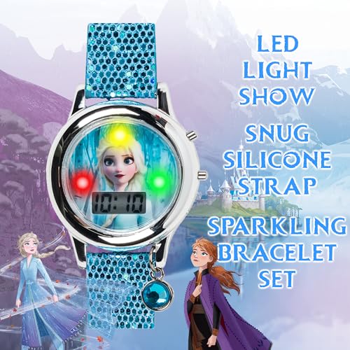 Disney Frozen II Elsa Light-Up Digital Kids Watch with LED Flashing Display, Sparkling Blue Strap, and Matching Bracelet Set – Ideal for Girls – Fits Wrists 5.5" to 8"3