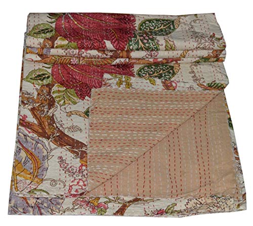 YUVANCRAFTS Traditional Floral Print Kantha Quilt Handmade Pure Cotton Kantha Quilt Queen Blanket Bedspreads Throw