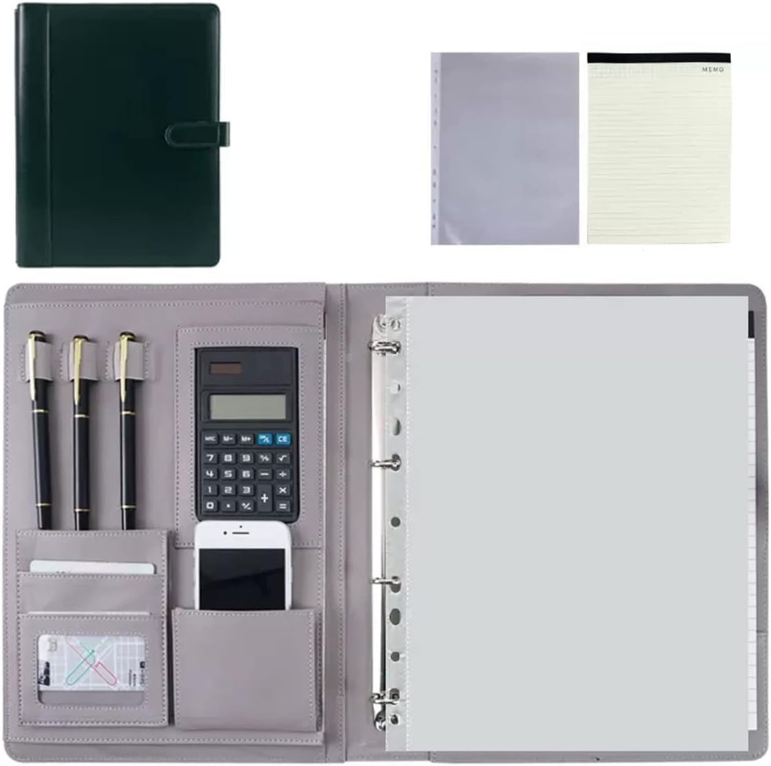 Porte-documents A4 en cuir synthétique avec classeur à 4 anneaux – Conférencier professionnel pour étudiants, entretiens d'embauche et formation (noir)