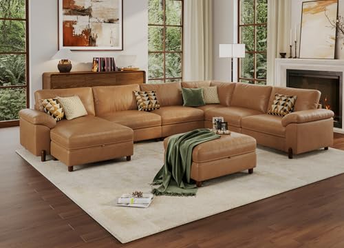 SITJOY Cloud Couch Sectional 6 Seater V-Shaped Sofa Faux Leather in Brown