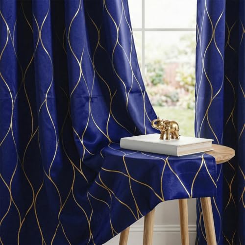 Image of Urban Space 80-85% True Blackout Curtains for Door, Gold Foil Printed Blackout Curtains, Blackout Decorative Door Curtain Eyelet with Tieback, 1 Piece Curtain for Living Room(Wave Navy Blue, 7 Feet)