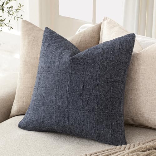 Image of Foindtower Set of 1 Decorative Linen Check Throw Pillow Cover Neutral Farmhouse Vintage Cushion Cover Modern Boho Home Decor for Sofa Chair Couch Bedroom Living Room,24x24 Inch,Navy Blue