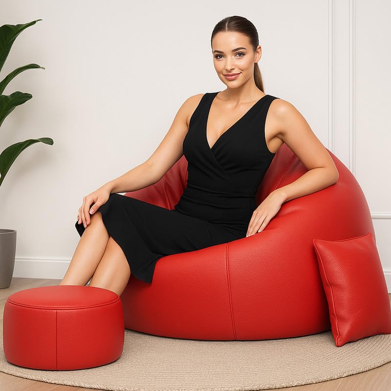 Image of Biggie Bean Bag with Beans Filled 4XL Classic Comfort Bean Sofa-Crafted for Comfort-Styled for Modern Homes with Free Cushion & Footrest (Matching Color : Leatherette Red)
