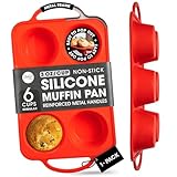 Non-Stick 6 Cup Large Silicone Muffin Pan & Cupcake Maker - Top Standard Size (Half of Texas Jumbo) Patented Metal Reinforced Silicon Molds - Bake Boss BPA Free Baking Tins - Dishwasher Safe Tray