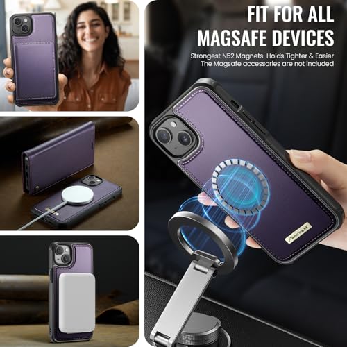 Image of Wallet Case for iPhone 13 Compatible with Magsafe, 2-in-1 PU Leather Flip RFID Blocking Card Holder Stand Shockproof Magnetic Detachable Cover for iPhone 13 Case 6.1 inch, Fashion Purple