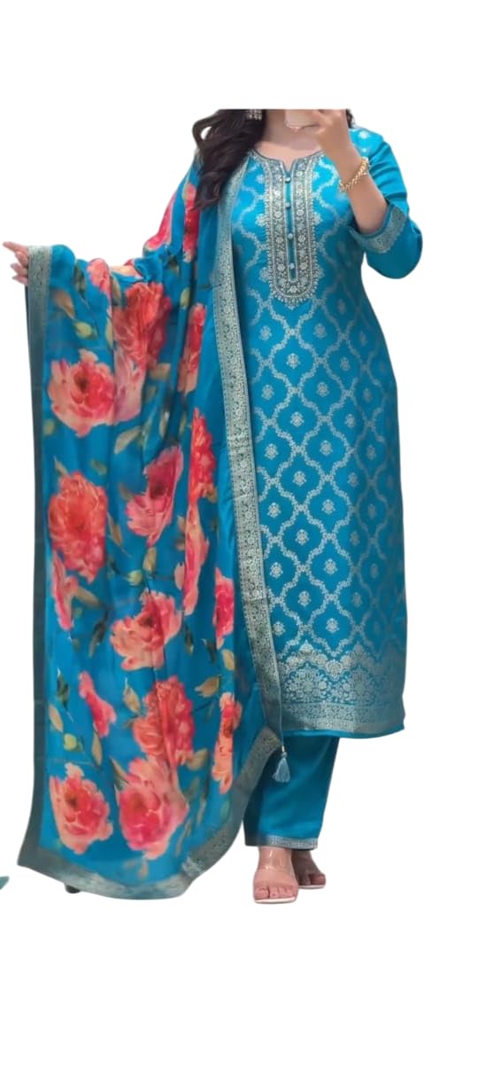velaca enterprise by 3 Colour Pure banarasi Silk Kurti Pent with Dupatta Suit Set.-picture-27
