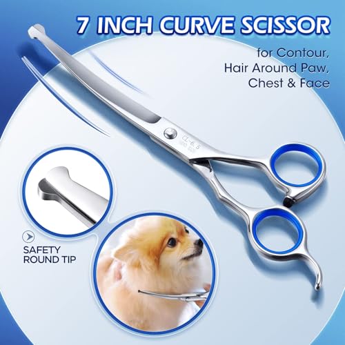 Image of Gimars Professional 5 in 1 Grooming Scissors for Dogs 4CR with Safety Round Tip, Heavy Duty Titanium Coated Straight & Thinning & Curved Shears