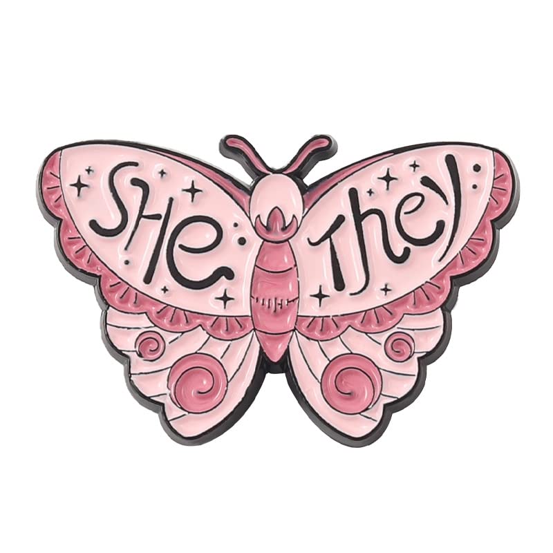 Image of LGBTQ Pronouns Cute Butterfly Pin - She They /He Him /They Them /She Her /He They Gender Identity Bulk Pins for Pride Parade, Daily Wear, Lapel, Hat, Backpack(Free 1pc Pride Sticker Included)