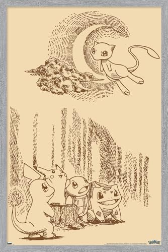 Trends International Pokémon - Sepia Scene Wall Poster, 22.4L x 14.7W, Gray Framed Version