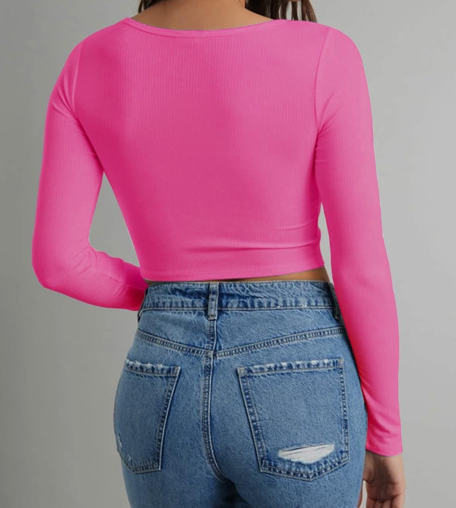 Artfish Women's Long Sleeve Scoop Neck V Notch Ribbed Slim Fitted Casual Basic Crop Top - Image 2