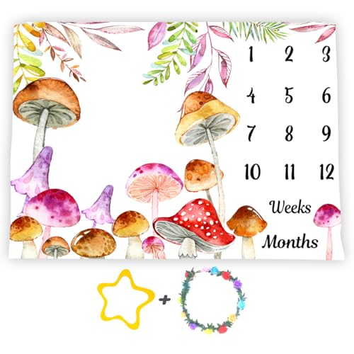 Image of Mushroom Baby Monthly Milestone Blanket Watercolor Tropical, 60x40in | Soft Flannel, Colorful Leaves Botanic Print, Newborn Mom Gifts, Photography Props for Boys Girls, Newborn Baby Shower
