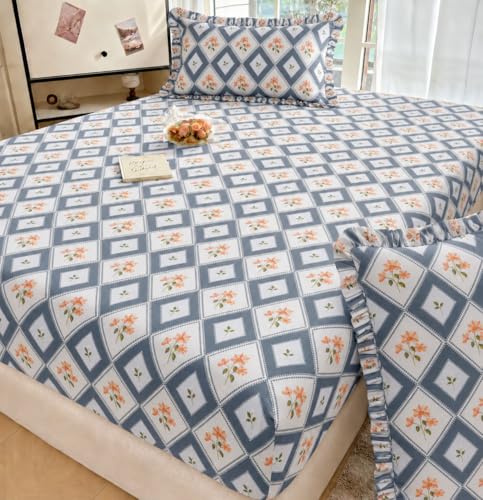 Image of VOMZER King Size (72x78) 300 TC Soft Cotton Feel Microfiber All Around Elastic Fitted Double Bedsheet with 2 Frill Pillow Covers | Grey Blossom Check