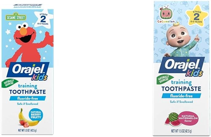 Orajel Kids Elmo & CoComelon Training Toothpastes Fluoride-Free 1.5oz Tubes - #1 Pediatrician Recommended