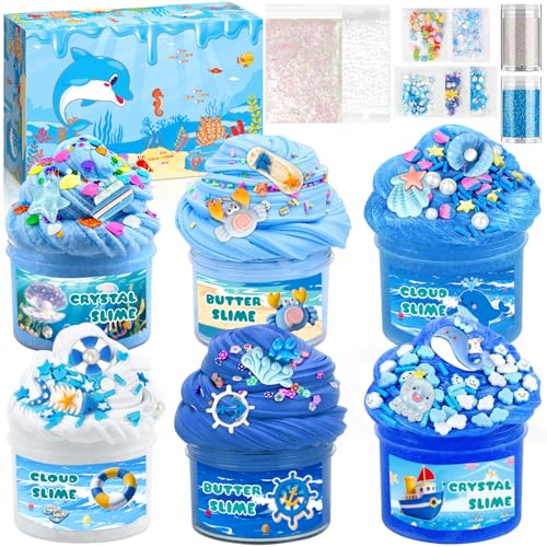 AMCHLEL 6 Stück Fluffy Slime Set, Fluffy Butter Slime Set, Farbverlauf Blau Crystal Slime DIY Kit, Schleim Kinder Party Favor, Geburtstags Mädchen und Jungen Geeignet Sind