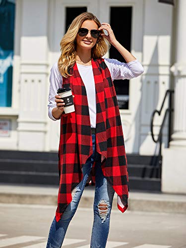 Ivay Womens Plaid Open Front Cardigan Sleeveless Drape Lightweight Vest Coat With Pockets Red #TOP4