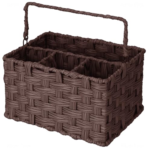 NiHome Cesta de mimbre para cubiertos, organizador de ratán sintético con cuatro compartimentos, marco de alambre duradero, asa portátil para cocina y comedor