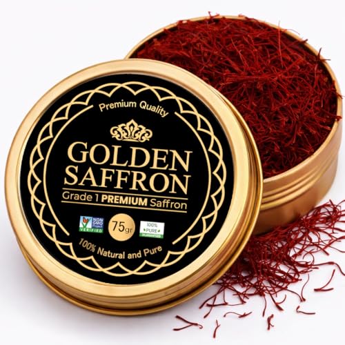 Golden Saffron, Finest Pure Premium All Red Saffron Threads, Grade A+ Super Negin, Non-GMO Verified. For Tea, Paella, Rice, Desserts, Golden Milk and Risotto (75.0 Grams)