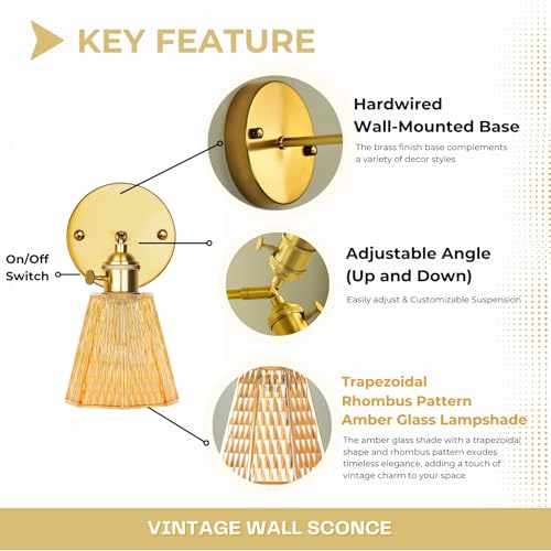 Image of Pensar Vintage Wall Sconce with Amber-Tone Textured Glass, Adjustable Brass Arm and Gold Finish Base, Warm Ambient Glow for Bedroom, Hallway, Living Room, or Cozy Corners