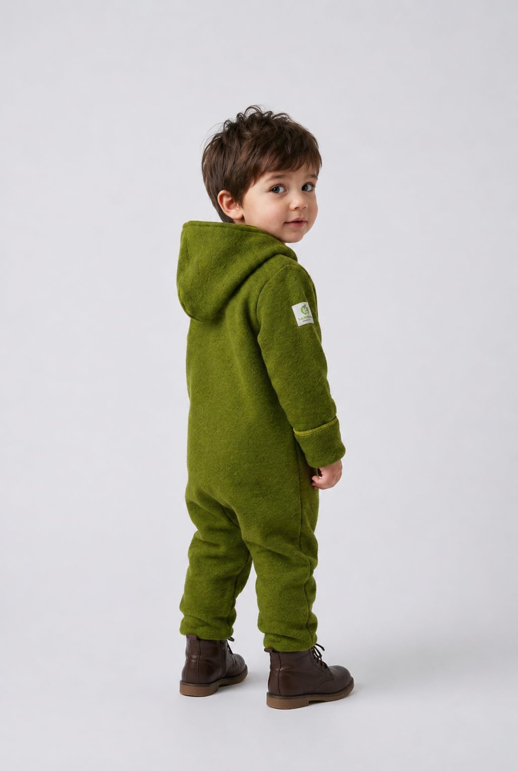 Baby Overall aus Walkwolle – Unisex Wollanzug für Herbst & Winter mit Kapuze, diagonalem Reißverschluss & umklappbaren Handschuhen/Füßlingen – Made in Germany