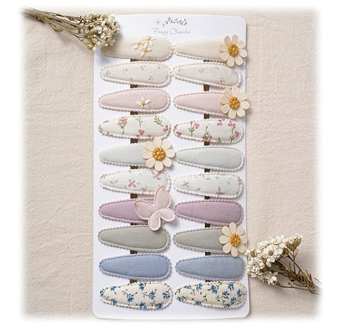 Fancy Clouds 20 Pack Baby Hair Clips for Girls Toddler Neutral Fabric Snap Clips Pins With Embroidery Daisy Flower Butterfly Handmade Hair Accessories Barrettes for School Age Kids Children Gifts